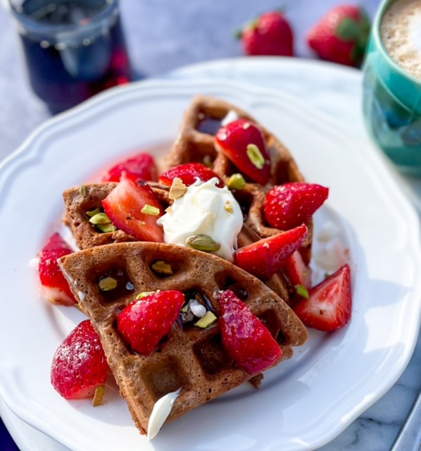 STRAWBERRY CHOCOLATE PISTACHIO PROTEIN WAFFLES